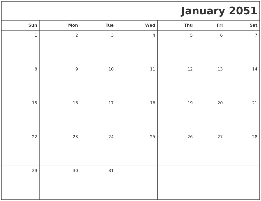 January 2051 Printable Blank Calendar