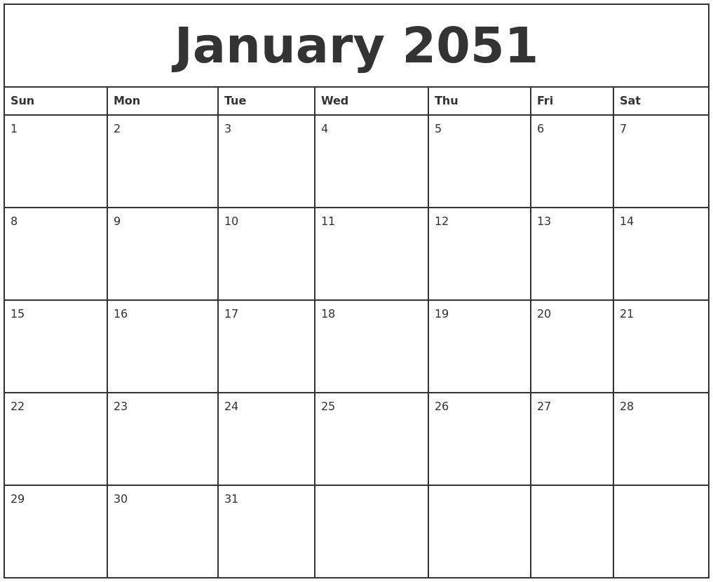 January 2051 Printable Monthly Calendar