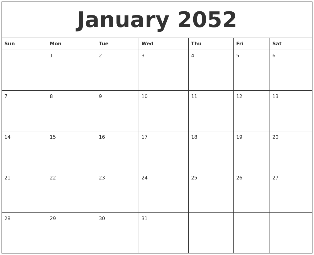 January 2052 Birthday Calendar Template