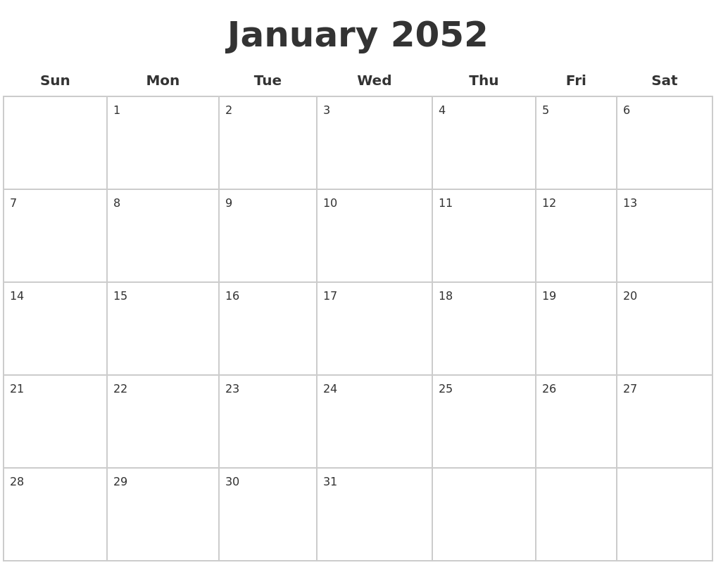 January 2052 Blank Calendar Pages