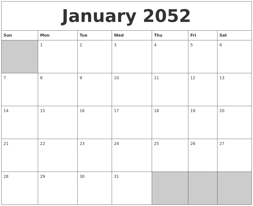 January 2052 Blank Printable Calendar