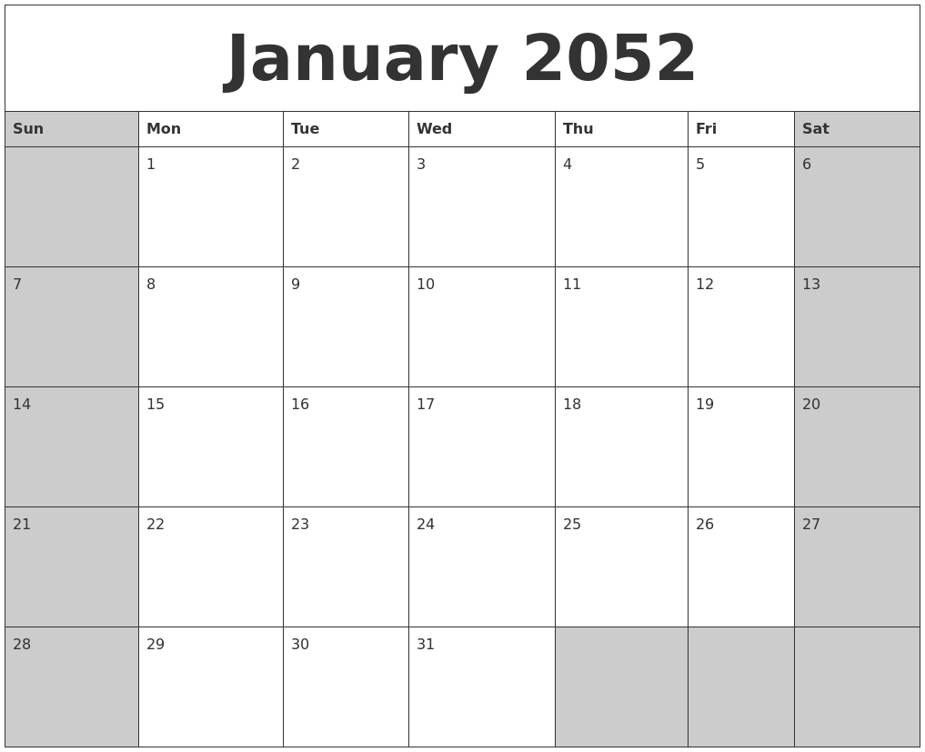 January 2052 Calanders