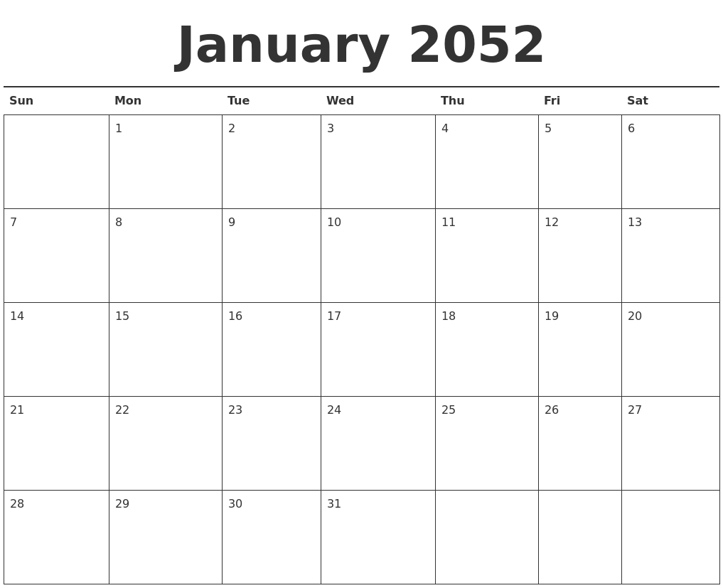 January 2052 Calendar Printable