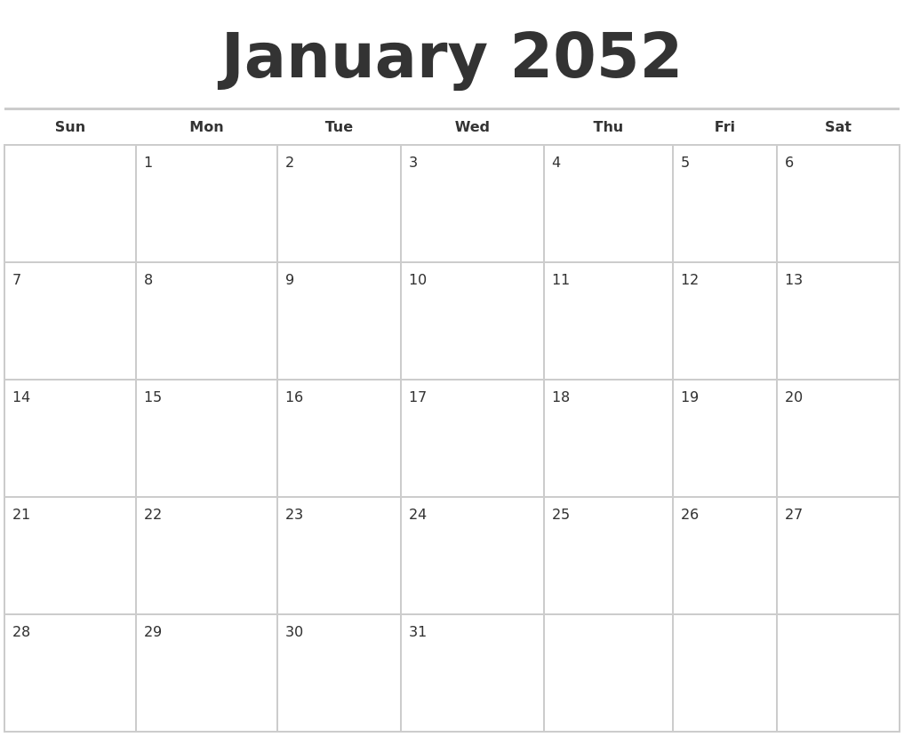 January 2052 Calendars Free