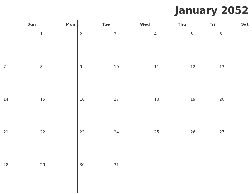 January 2052 Calendars To Print