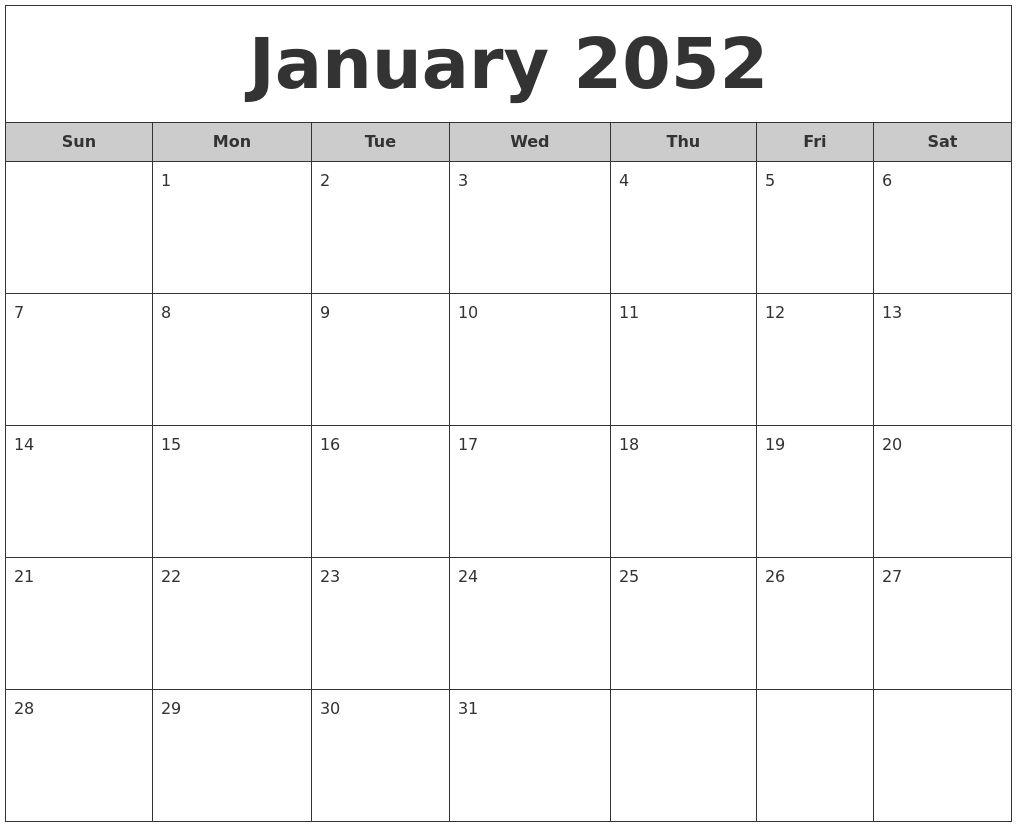 January 2052 Free Monthly Calendar