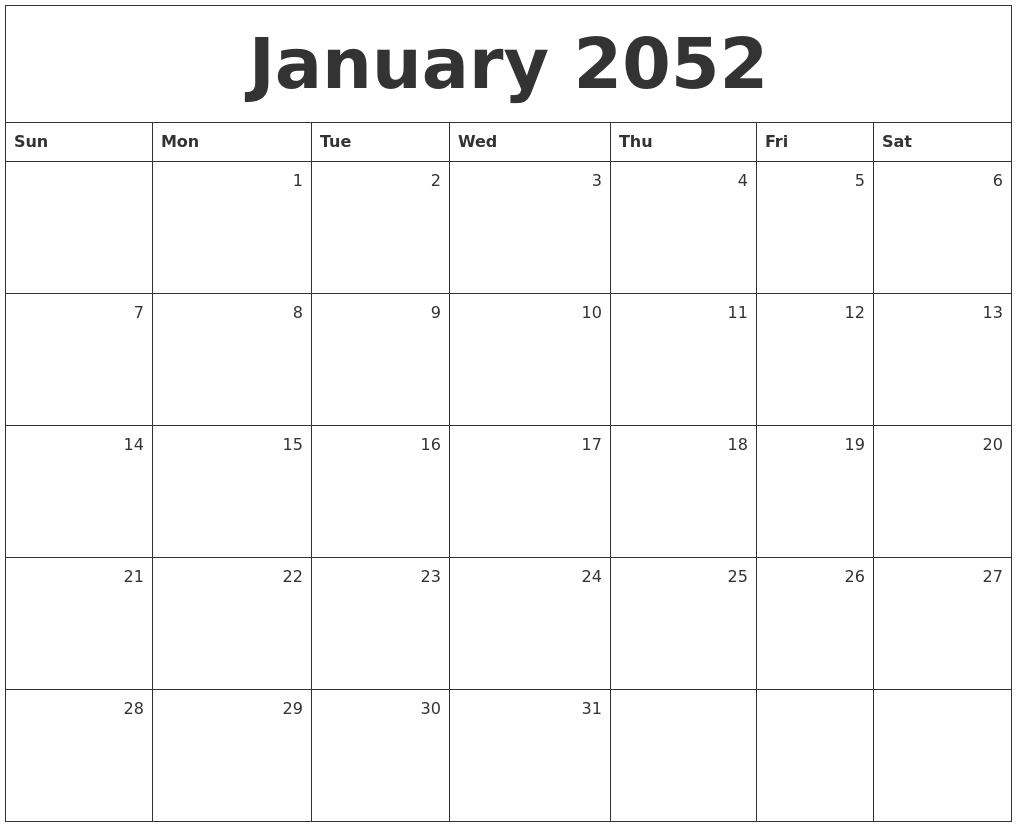 January 2052 Monthly Calendar