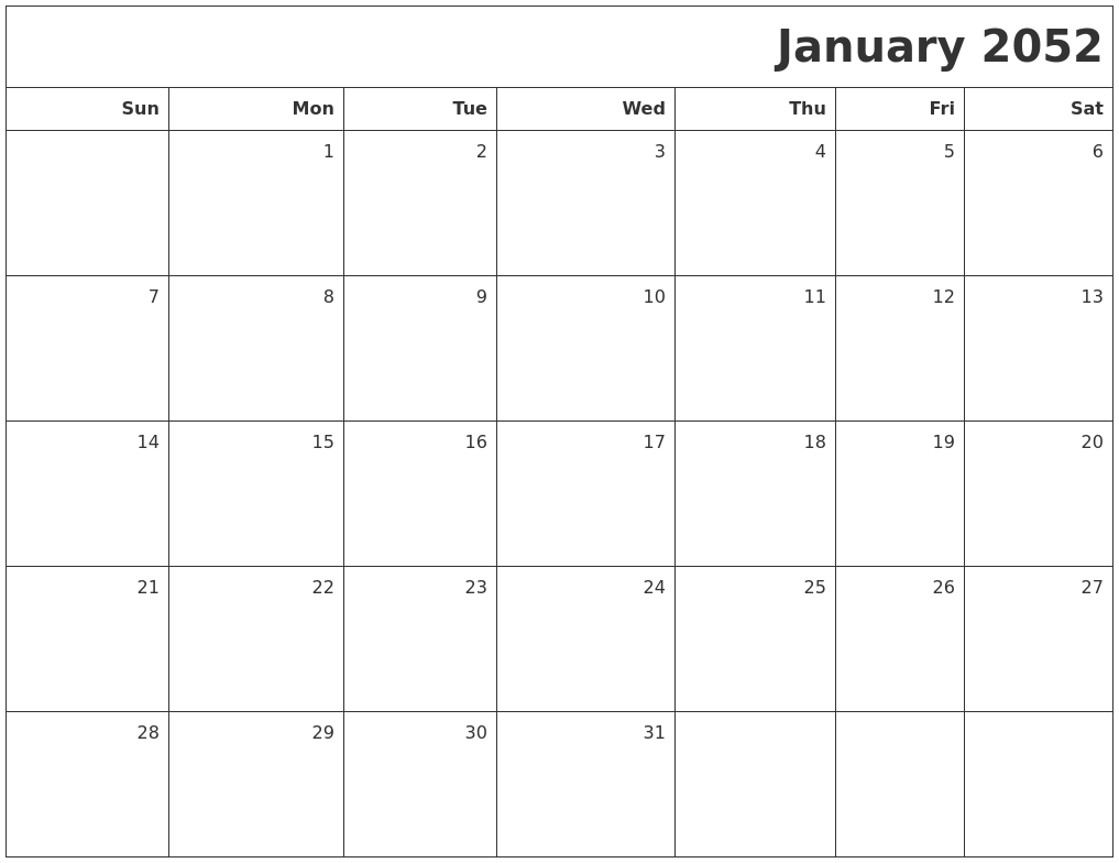 January 2052 Printable Blank Calendar