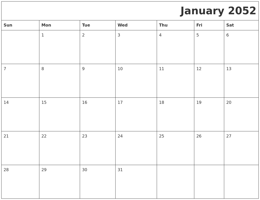 January 2052 Printable Calender