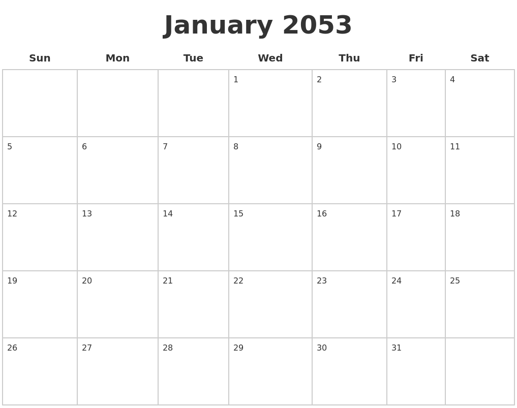 January 2053 Blank Calendar Pages