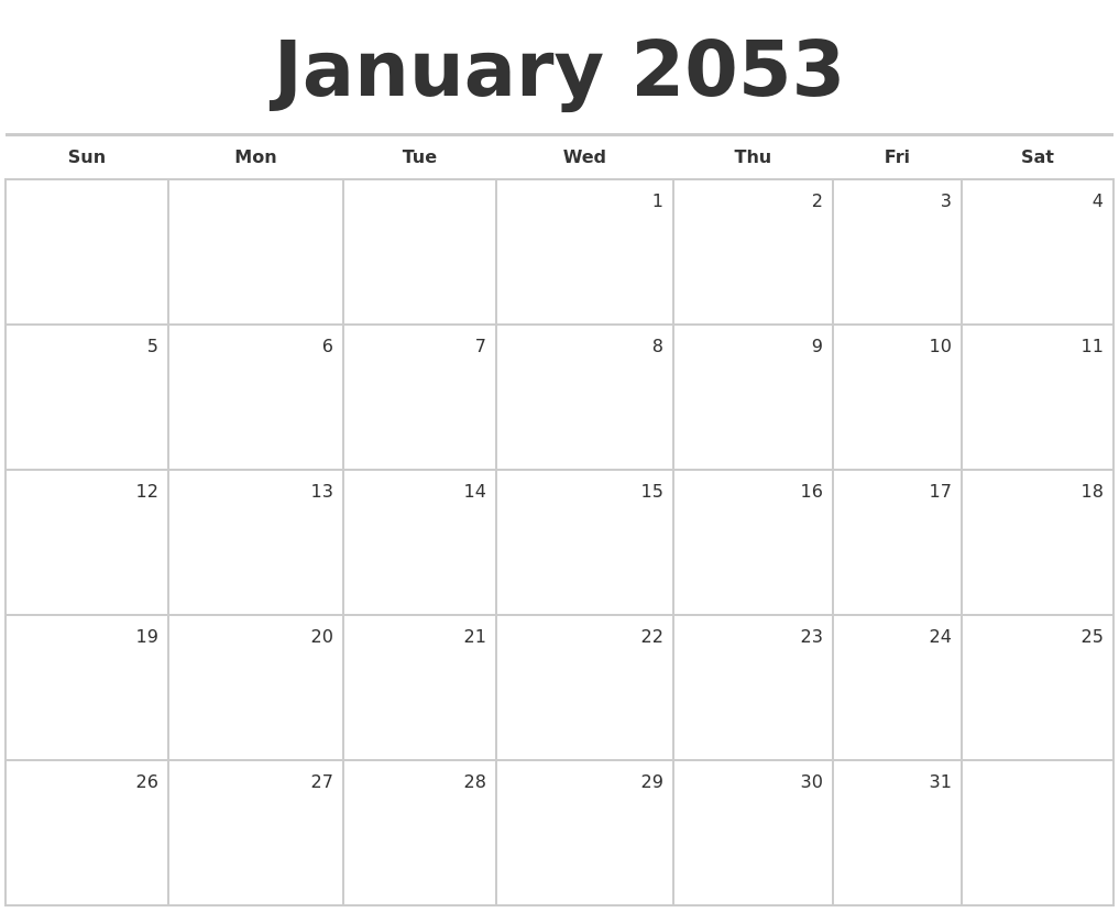 January 2053 Blank Monthly Calendar