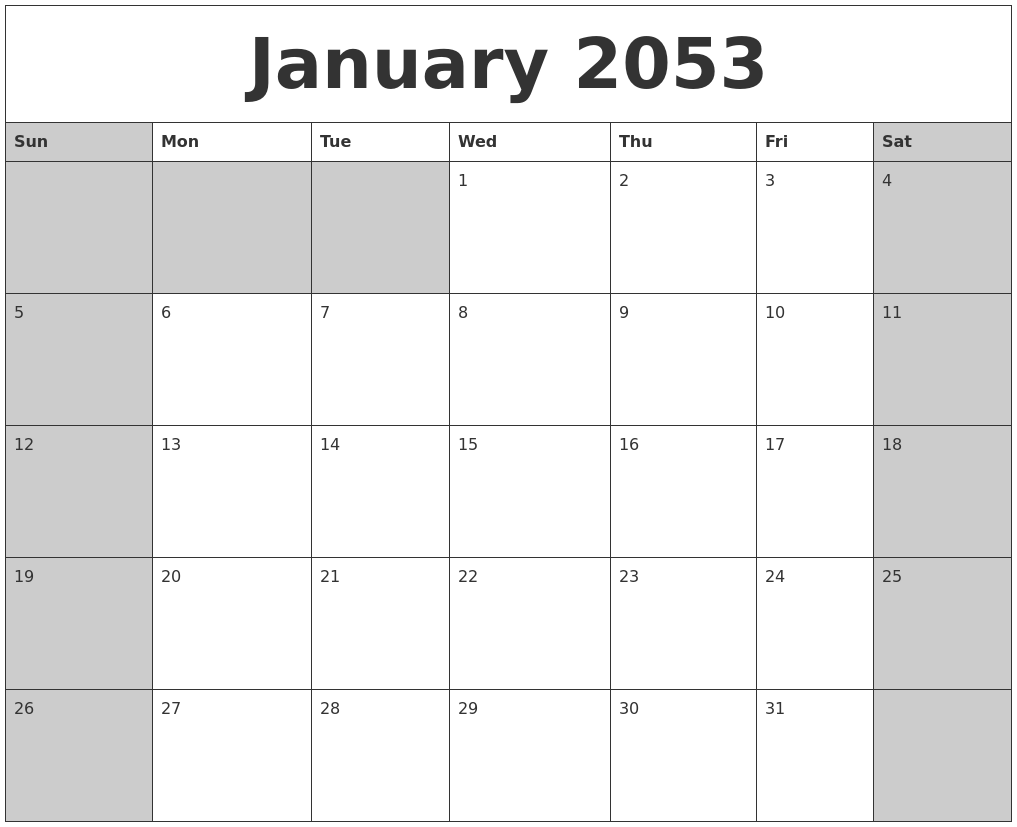 January 2053 Calanders