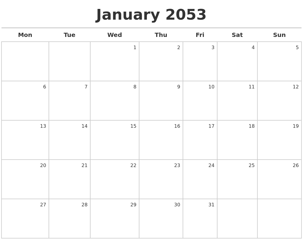 January 2053 Calendar Maker