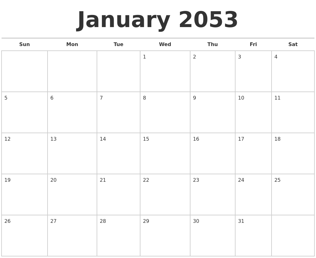 January 2053 Calendars Free