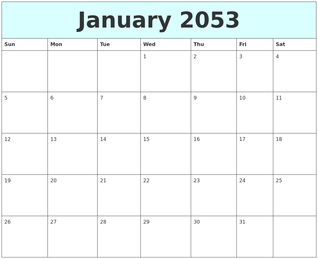 January 2053 Free Calendar