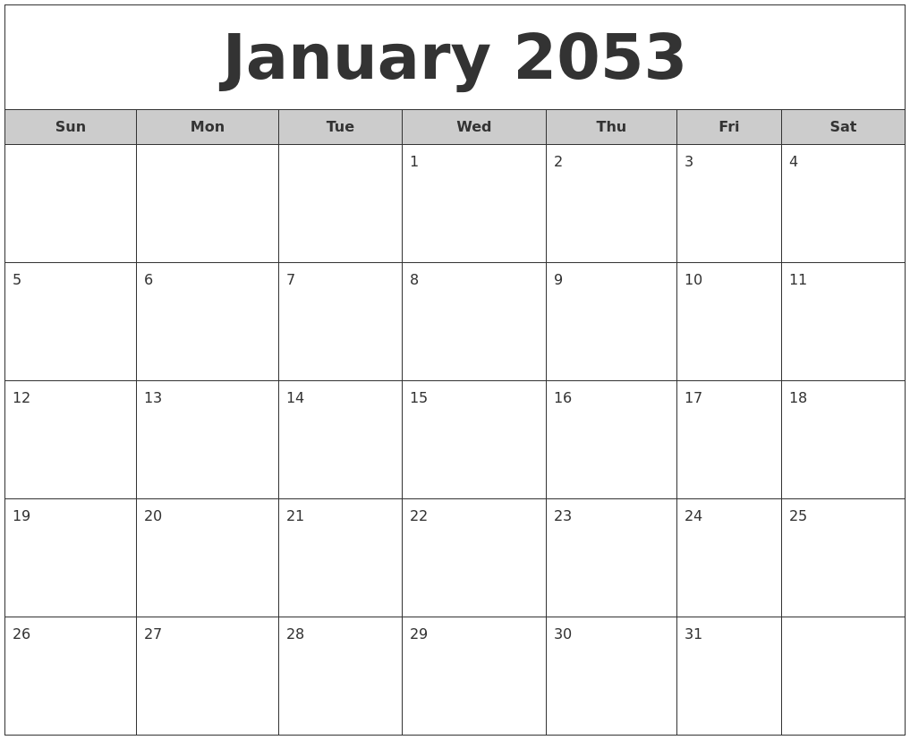 January 2053 Free Monthly Calendar