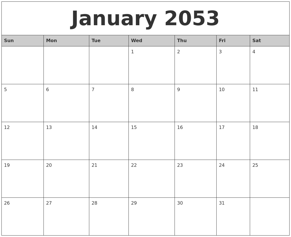 January 2053 Monthly Calendar Printable