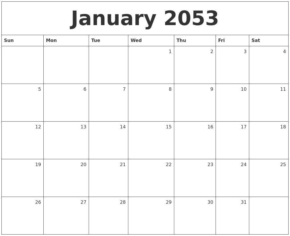 January 2053 Monthly Calendar