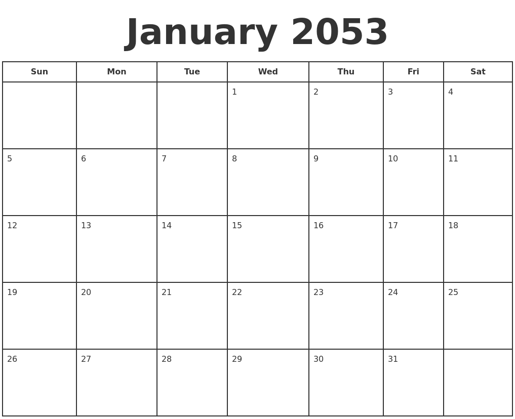 January 2053 Print A Calendar