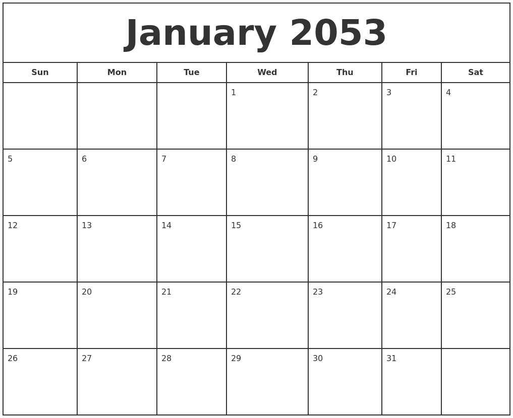 January 2053 Print Free Calendar