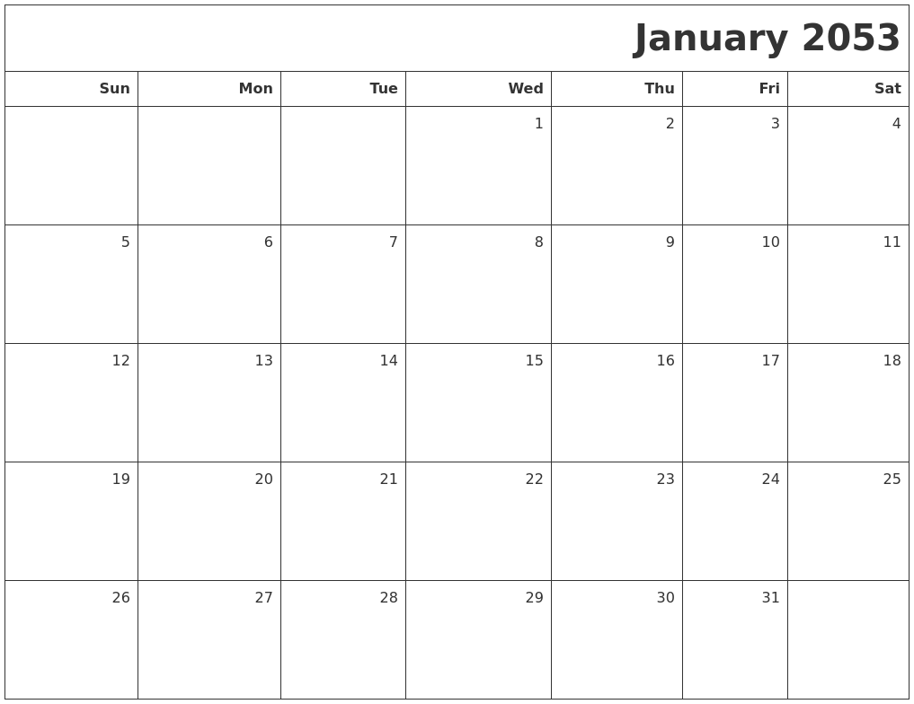 January 2053 Printable Blank Calendar