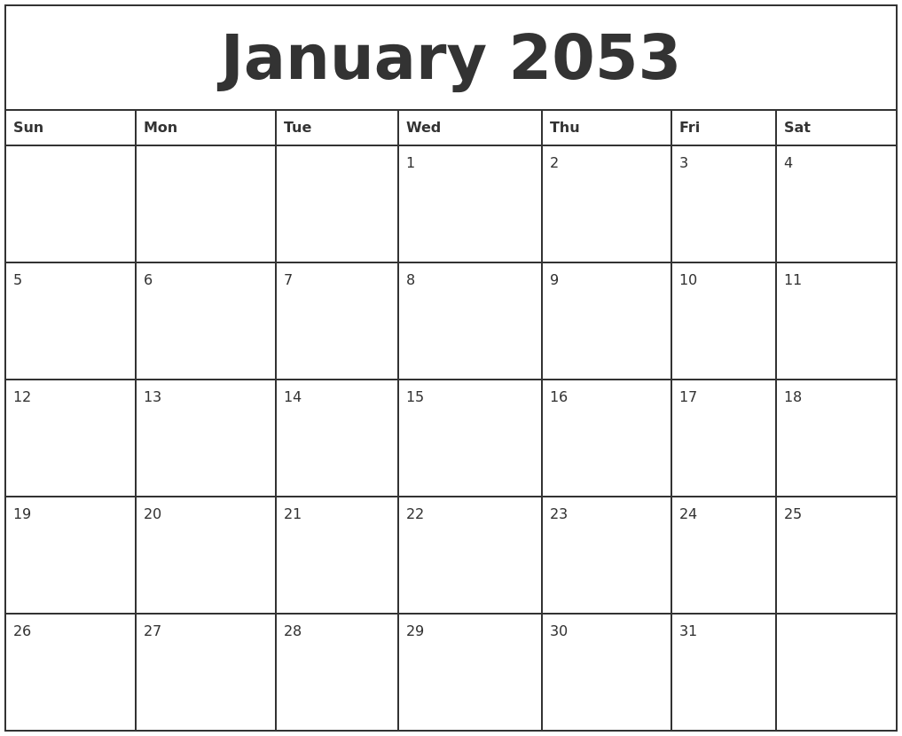 January 2053 Printable Monthly Calendar