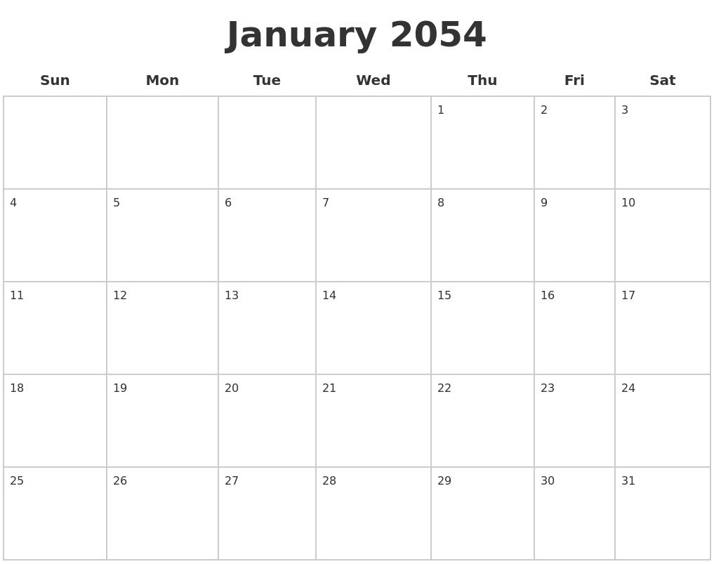 January 2054 Blank Calendar Pages