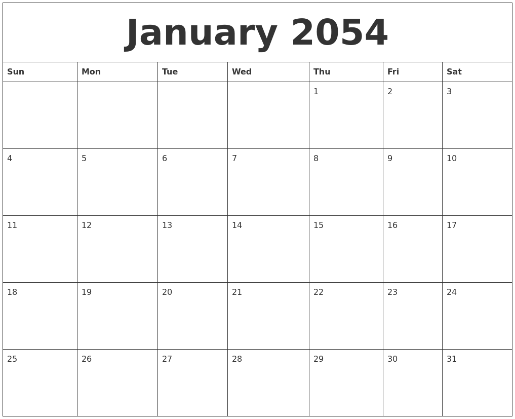 January 2054 Blank Calendar Printable