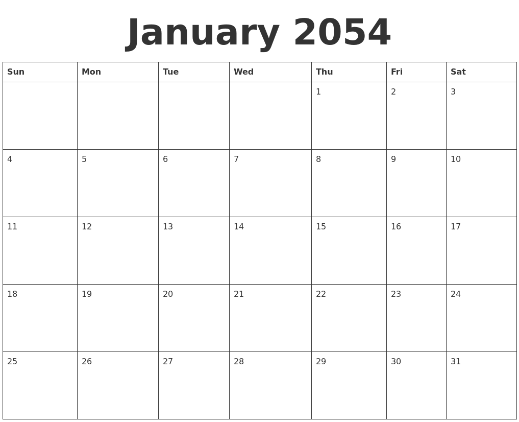 January 2054 Blank Calendar Template