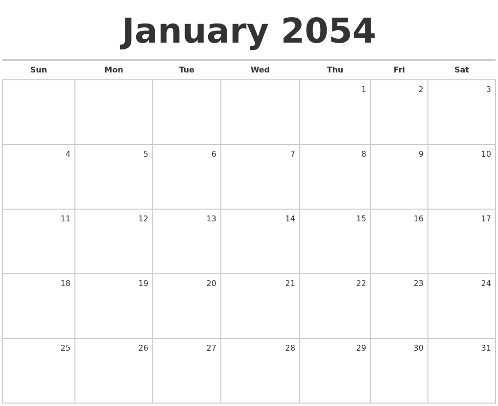 January 2054 Blank Monthly Calendar