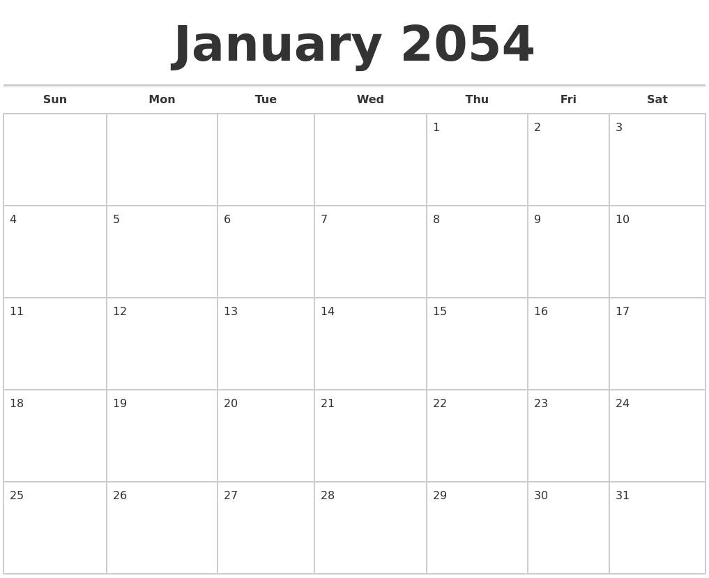 January 2054 Calendars Free