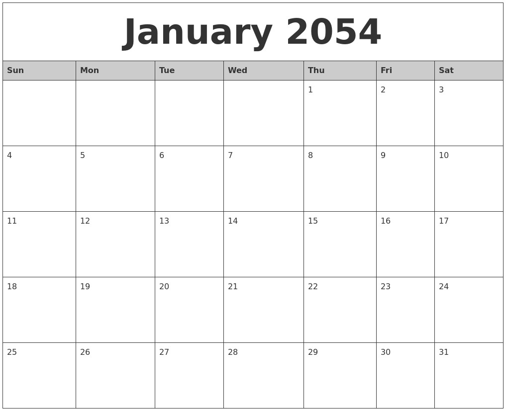 January 2054 Monthly Calendar Printable