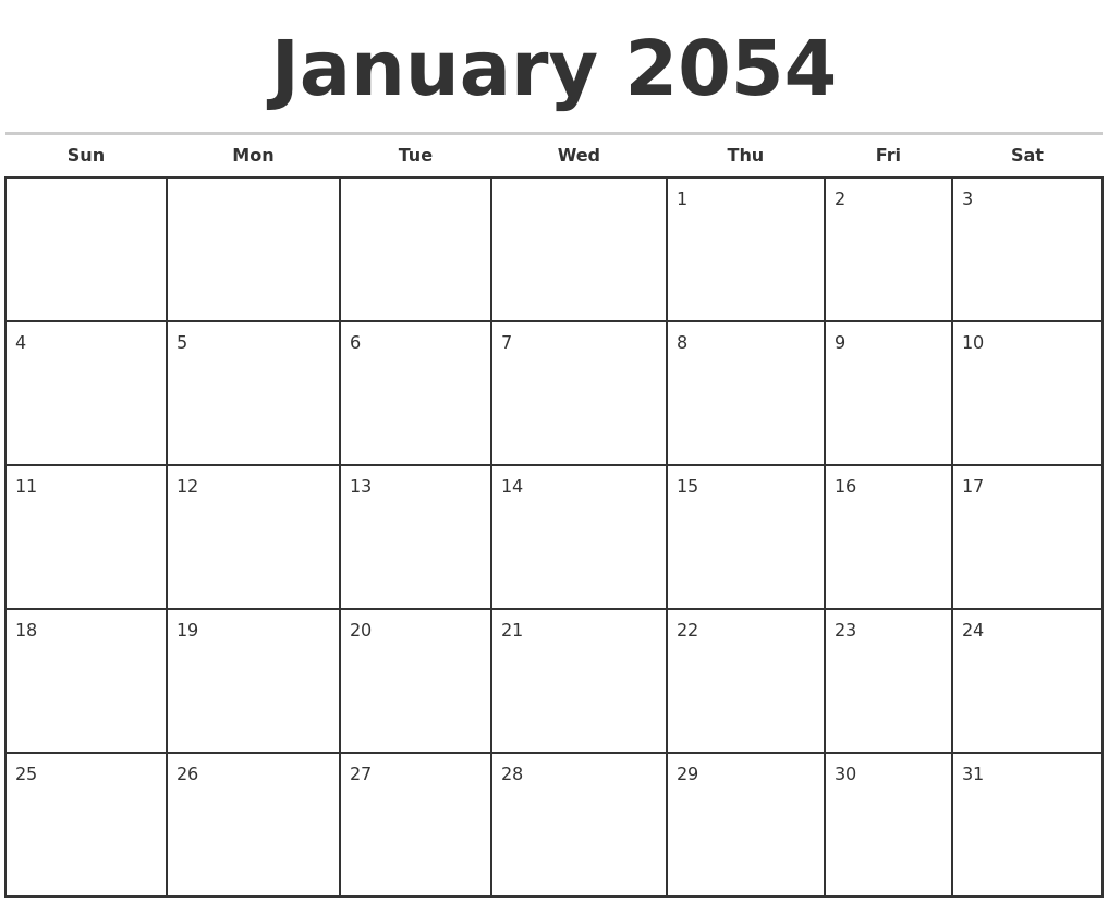 January 2054 Monthly Calendar Template
