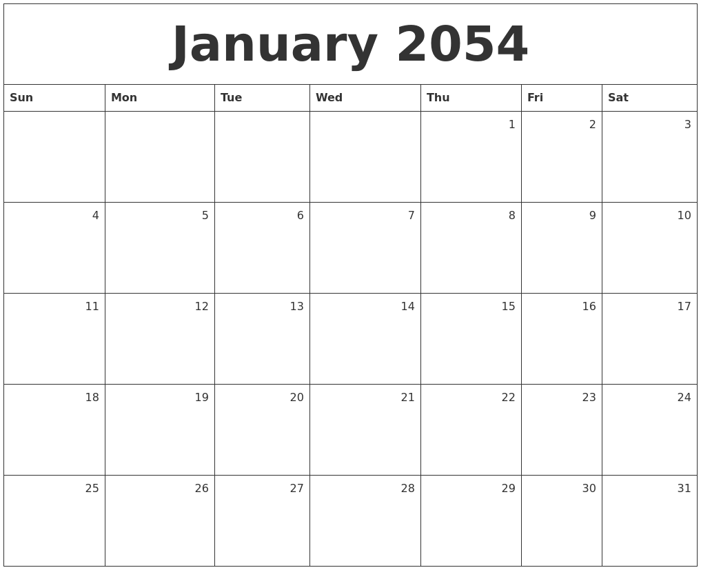 January 2054 Monthly Calendar
