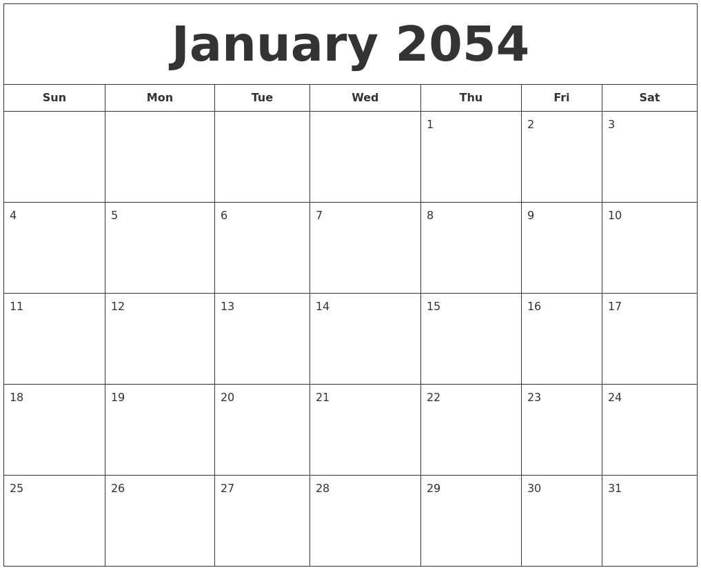 January 2054 Printable Calendar