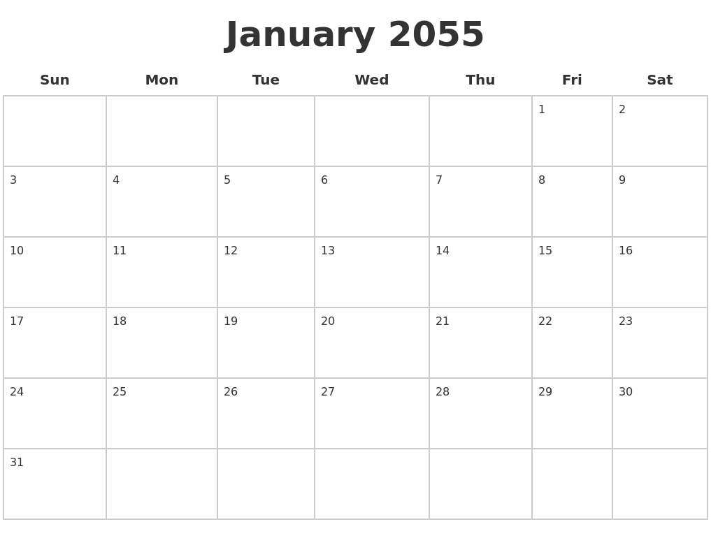 January 2055 Blank Calendar Pages