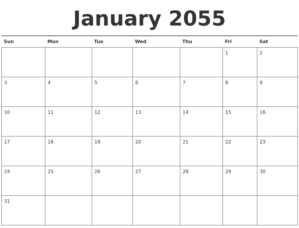 January 2055 Calendar Printable