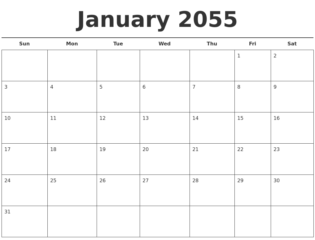 January 2055 Free Calendar Template