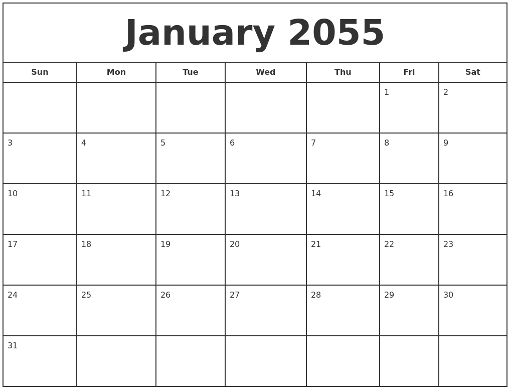 January 2055 Print Free Calendar