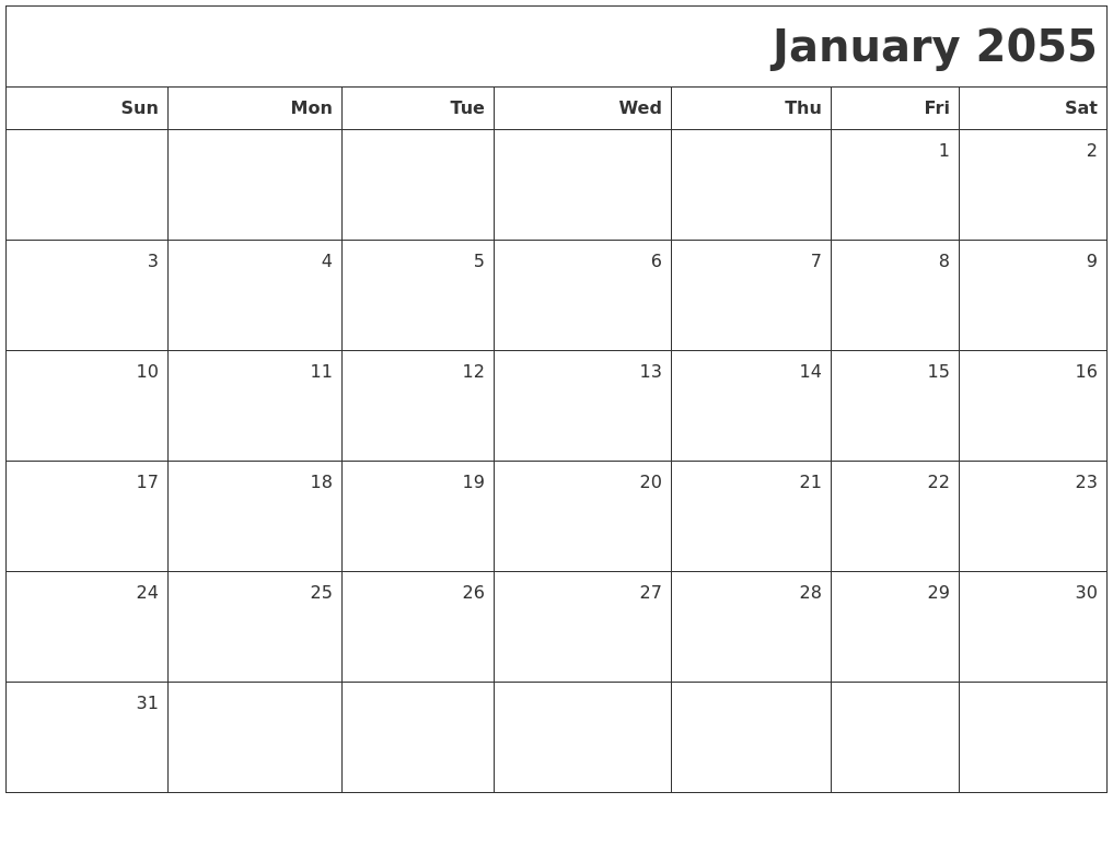 January 2055 Printable Blank Calendar