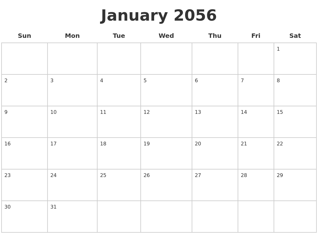 January 2056 Blank Calendar Pages