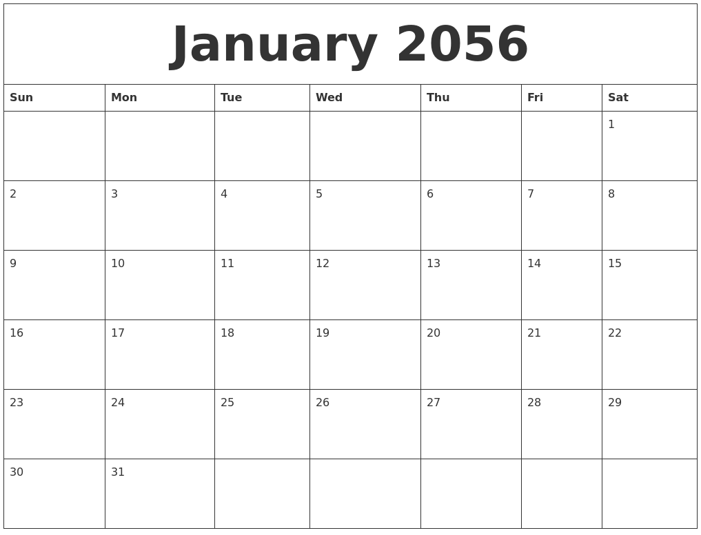 January 2056 Blank Calendar Printable