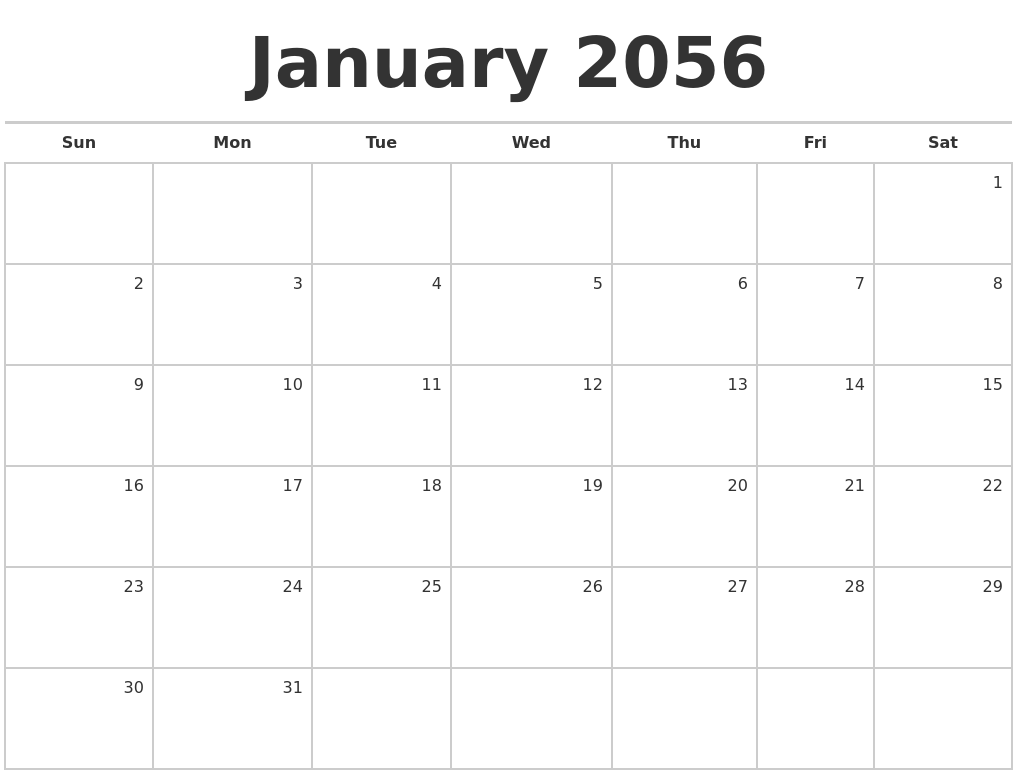 January 2056 Blank Monthly Calendar