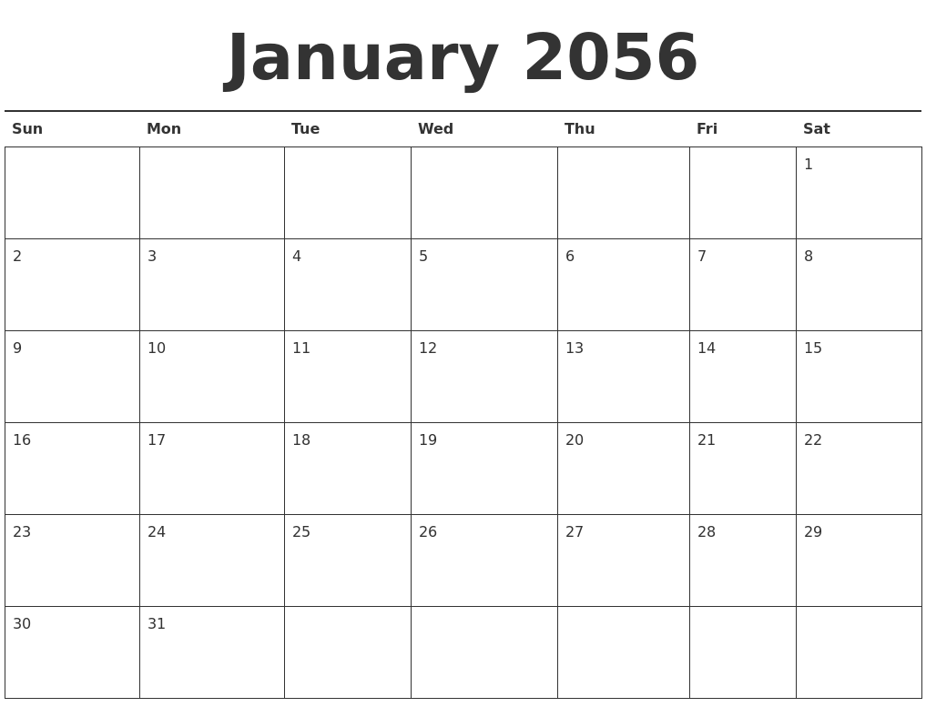 January 2056 Calendar Printable
