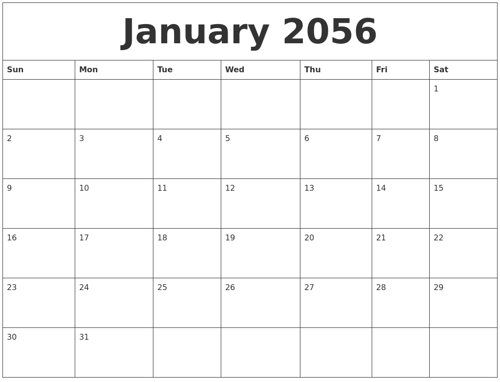 January 2056 Free Monthly Calendar Template
