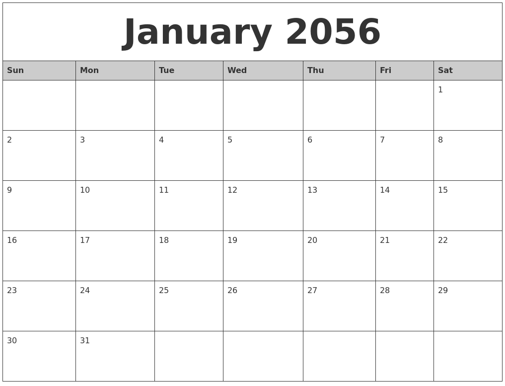 January 2056 Monthly Calendar Printable