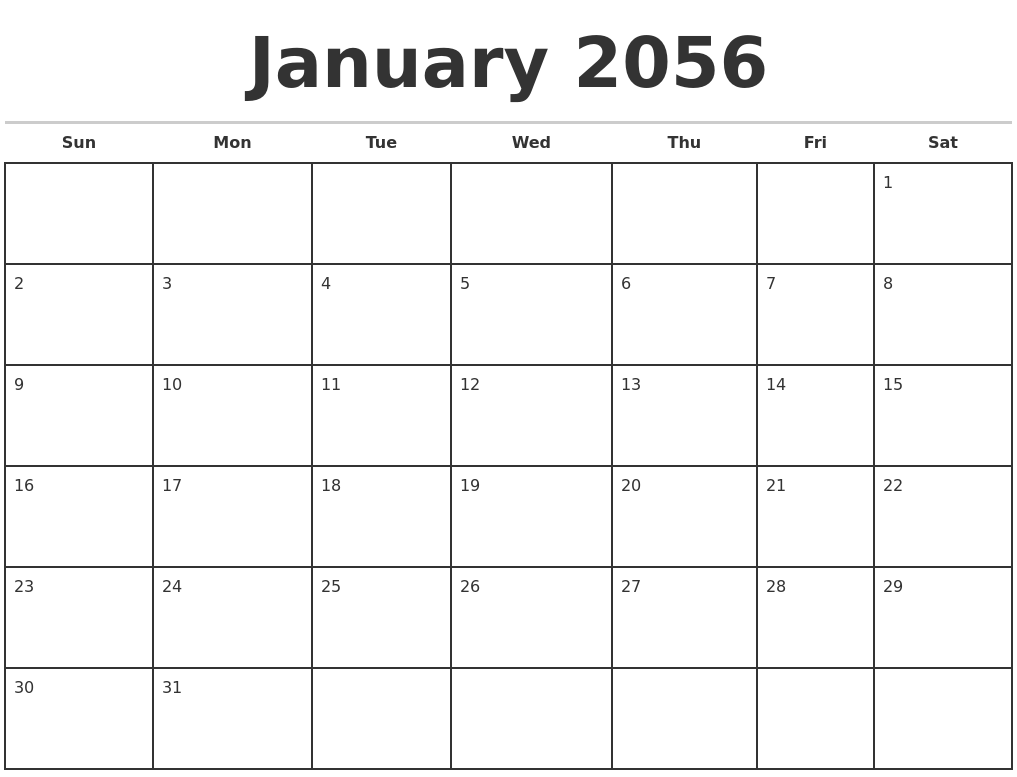 January 2056 Monthly Calendar Template