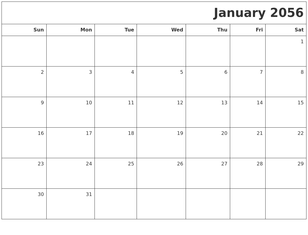 January 2056 Printable Blank Calendar