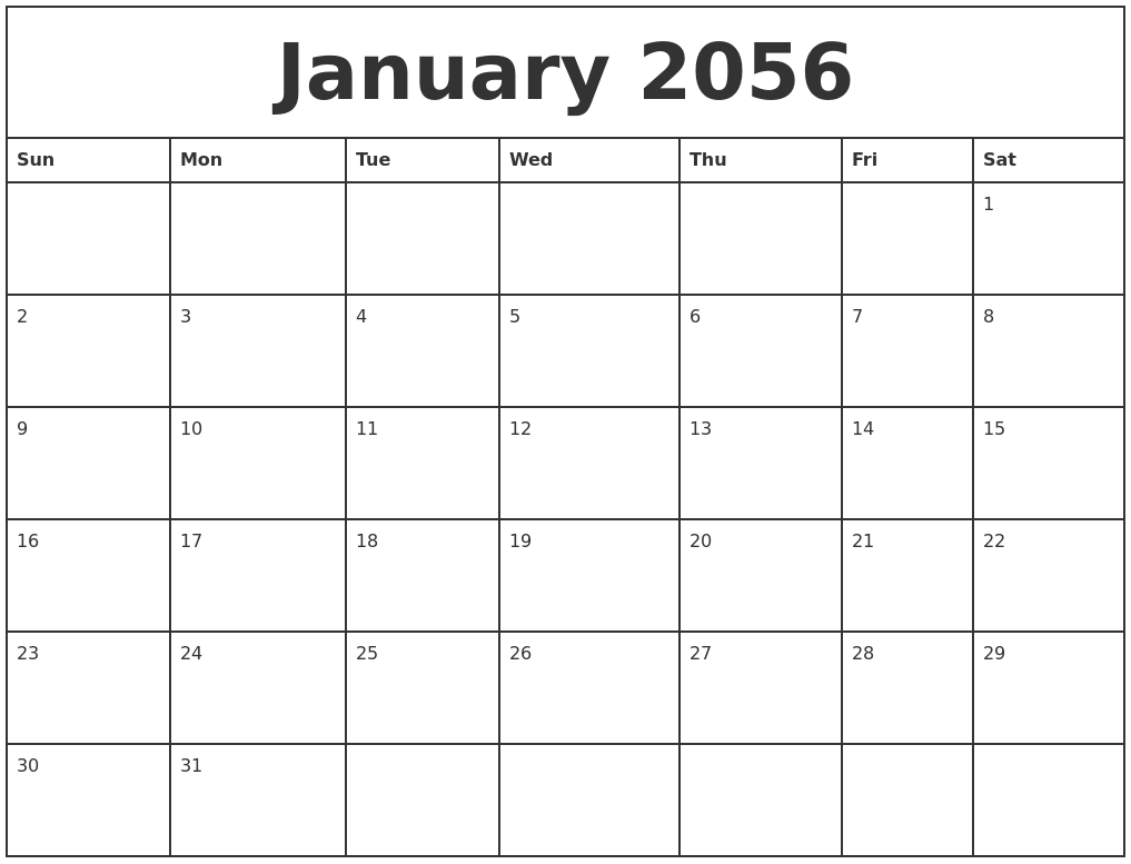 January 2056 Printable Monthly Calendar