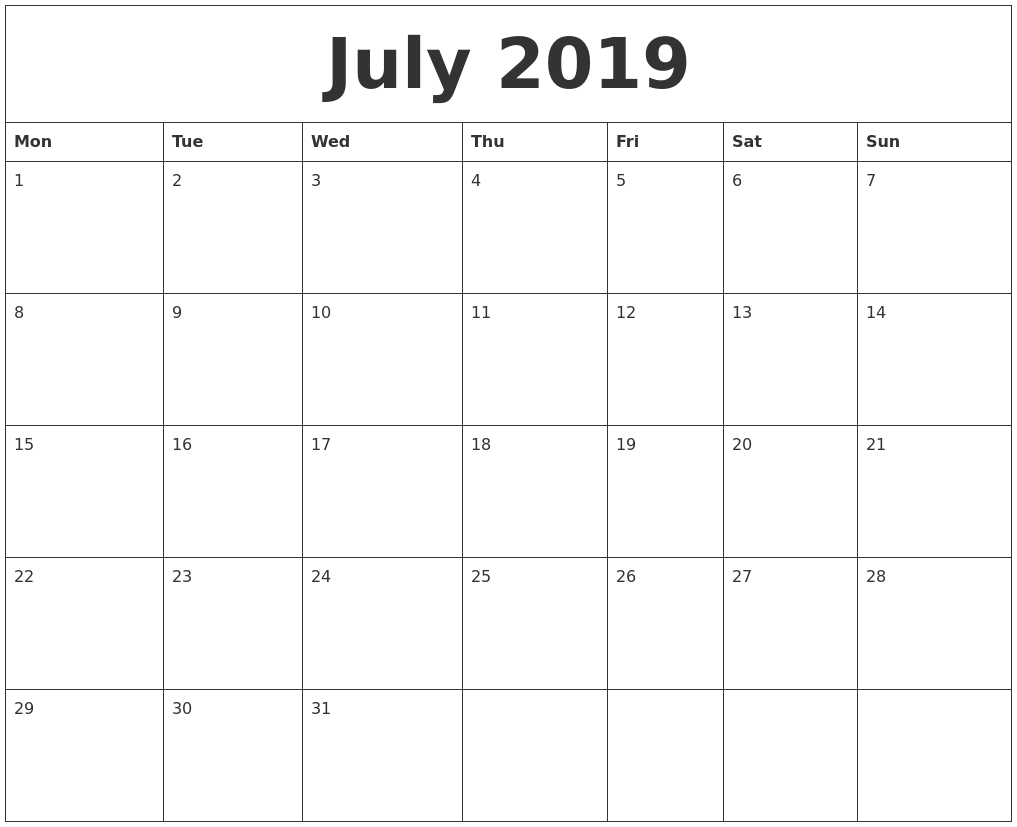 July 2019 Free Printable Monthly Calendar